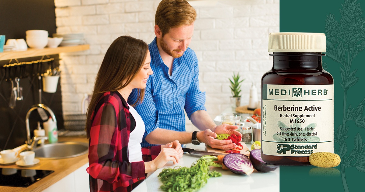 Berberine Active by MediHerb, available through Standard Process — bottle and tablet with a healthy kitchen scene